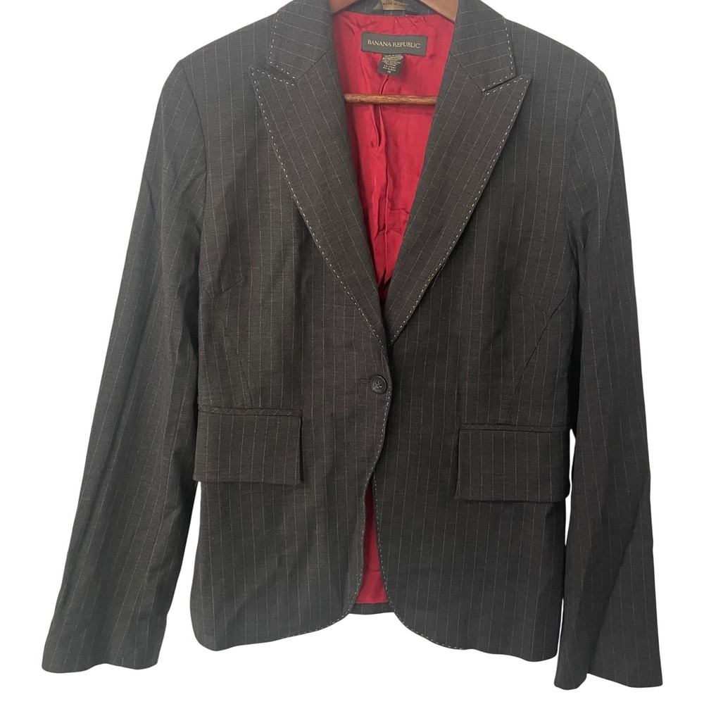 Banana Republic Womens Pinstripe Blazer Gray Wool Blend Made in Italy Size 10